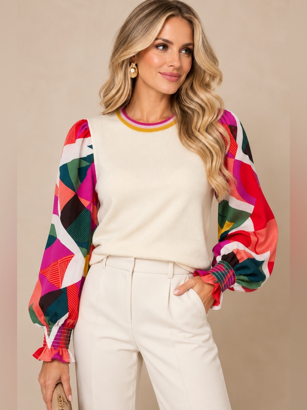 THML Women’s Small Ivory Mixed Media Sweater Multicolor Puff Sleeve Statement